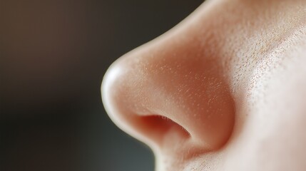 Fototapeta premium Close up of red irritated nose, emphasizing the discomfort and struggle of allergies or cold symptoms, highlighting the human vulnerability and resilience in the face of common ailments.