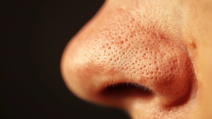 Fototapeta premium Close up of red irritated nose, emphasizing the discomfort and struggle of allergies or cold symptoms, highlighting the human vulnerability and resilience in the face of common ailments.