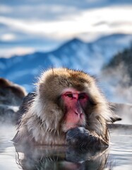 Fototapeta premium Japanese macaque relaxing in a hot spring, steam rising around, holding its face with snowy mountains in the background