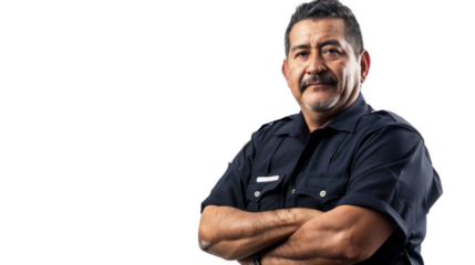 Mexican middle age male security guard uniform, confident and arms crossed on white background