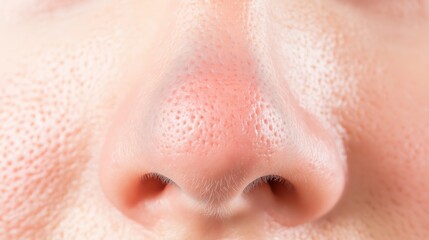 Fototapeta premium Close up of red irritated nose, emphasizing the discomfort and struggle of allergies or cold symptoms, highlighting the human vulnerability and resilience in the face of common ailments.