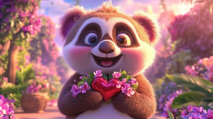 Obraz premium Adorable cartoon panda holding heart amidst vibrant floral garden. The 14th of February. Happy Valentine's Day