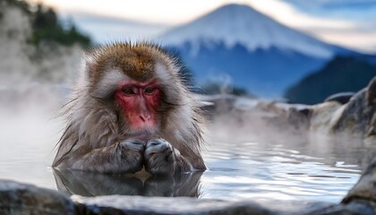 Obraz premium Japanese macaque relaxing in a hot spring, steam rising around, holding its face with snowy mountains in the background