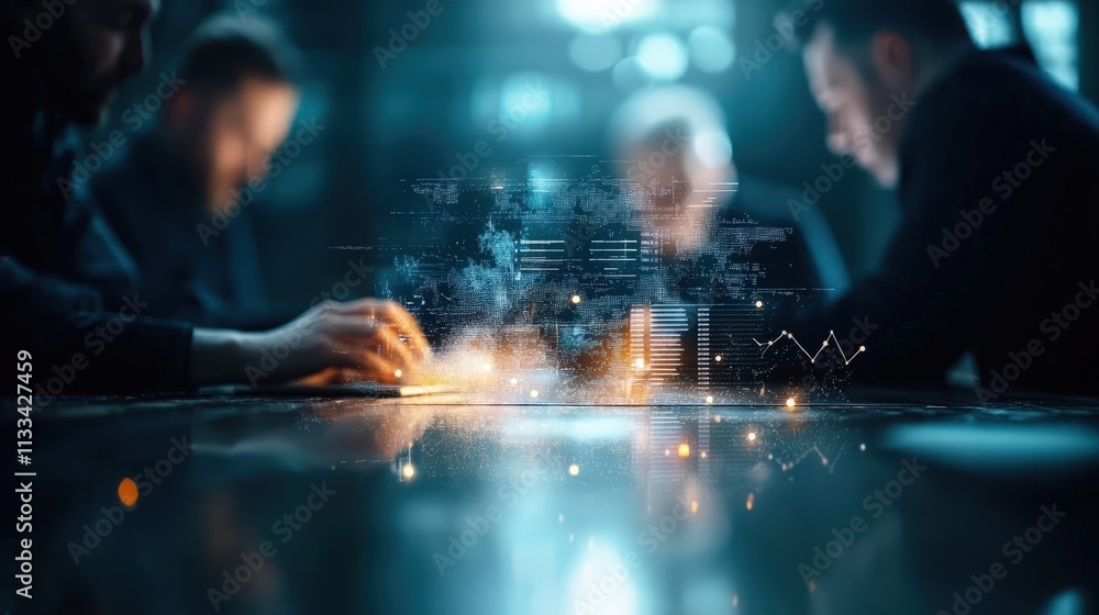 Aufkleber business team collaborating on a project, data visualization projected onto the table.