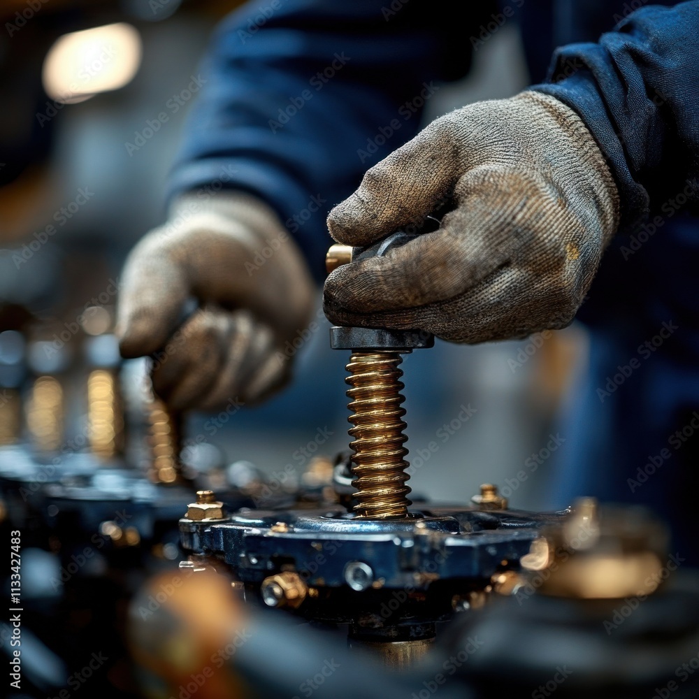 Aufkleber a worker meticulously assembles machine parts with gloved hands, showcasing precision in a factory s