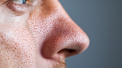 Fototapeta premium Close up of red irritated nose, emphasizing the discomfort and struggle of allergies or cold symptoms, highlighting the human vulnerability and resilience in the face of common ailments.