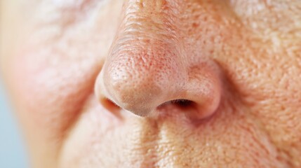 Fototapeta premium Close up of red irritated nose, emphasizing the discomfort and struggle of allergies or cold symptoms, highlighting the human vulnerability and resilience in the face of common ailments.