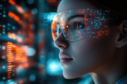 Technician wearing futuristic glasses analyzing data in server room
