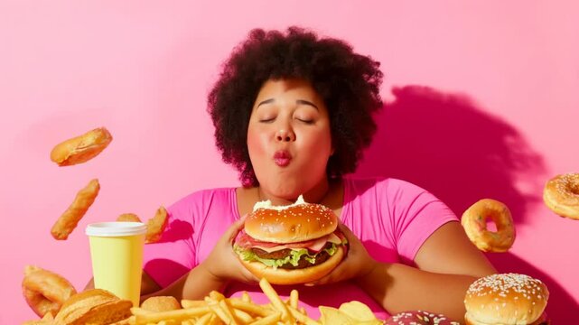 Overweight woman joyfully eating a burger surrounded by floating donuts, fries, and fried snacks