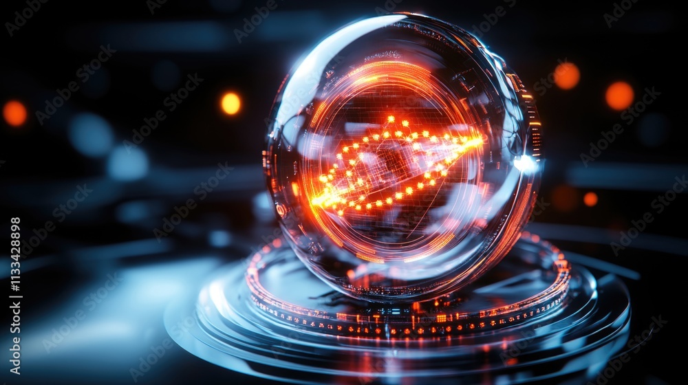 Poster futuristic digital sphere with glowing orange data patterns; technology concept with a sci-fi theme;