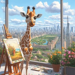 Obraz premium A playful giraffe in an artist's studio, surrounded by vibrant flowers and a stunning city skyline view.