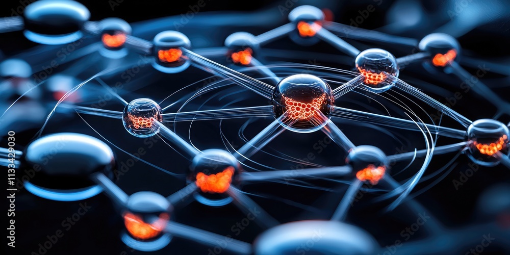 Poster futuristic network of connected spheres depicting molecular structure in abstract sci-fi style with 