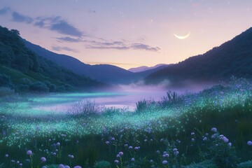 A peaceful valley filled with bioluminescent plants and a gentle, mist-covered lake, under a soft lavender sky with a crescent moon.