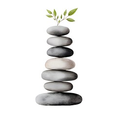 Fototapeta premium Stacked Stones with Green Leaves Representing Balance, Tranquility, and Nature's Resilience