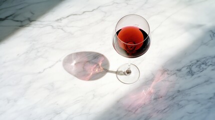 Fine stemmed glass of Vosne-Romanée red wine on white polished marble, showcasing deep ruby hues with natural light creating elegant reflections and textures.