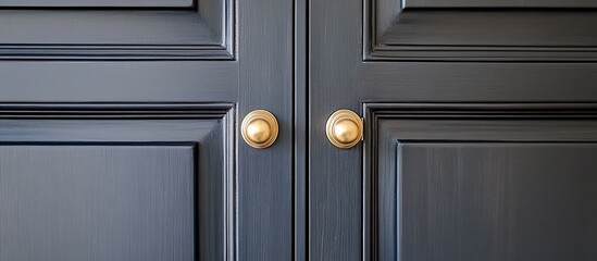 Dark grey door with gold knobs.