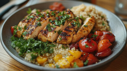 Healthy Low-Calorie Meal with Roasted Vegetables, Quinoa, and Grilled Chicken