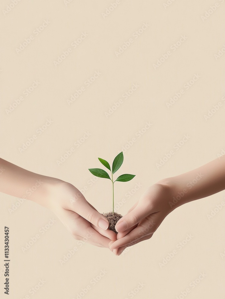 Poster two hands delicately hold a small seedling, representing care and the importance of nurturing life i