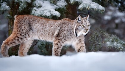 Fototapeta premium Majestic lynx walking gracefully in a snowy forest, surrounded by pine trees covered in frost