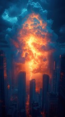 Obraz premium A dramatic cityscape illuminated by a fiery storm cloud and lightning.