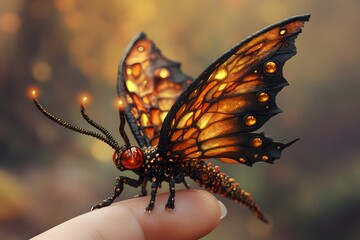 Obraz premium butterfly with vibrant orange and black wings featuring a stained-glass pattern and jeweled details, perched delicately on a fingertip, showcasing intricate design and natural beauty
