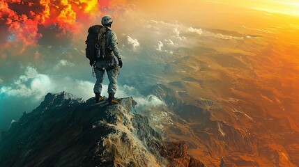 Obraz premium Soldier stands on peak, views vast landscape with vibrant sky.