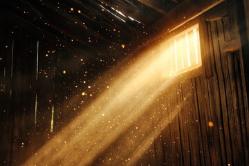 Sunbeams illuminate a rustic wooden interior, dust motes dancing in the golden light.