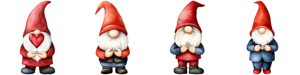 Valentines gnomes and love symbol, A collection of four whimsical gnomes, each wearing distinct outfits and red hats, showcasing varied expressions and poses.