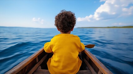Fototapeta premium A young boy in a yellow shirt is rowing a boat on the water