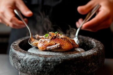 Exquisite culinary creation features aromatic dish being served with precision at upscale restaurant