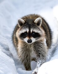 Obraz premium Raccoon emerging from a snow-covered burrow, its fur frosted and paws leaving tracks in the snow.
