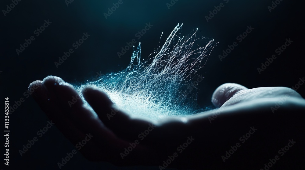 Poster glowing particles floating above a hand.