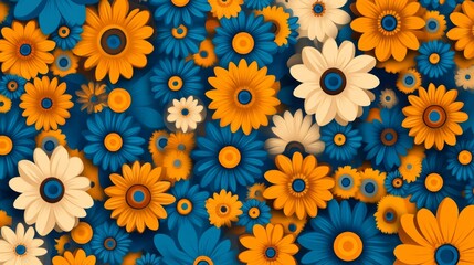 Colorful flower pattern with many different colored flowers. The flowers are orange, blue, and white