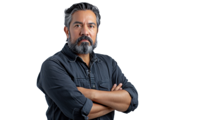 Mexican middle age male handsome doctor arms crossed on white background
