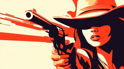 Woman is holding a gun and wearing a cowboy hat. She is in a red and white background