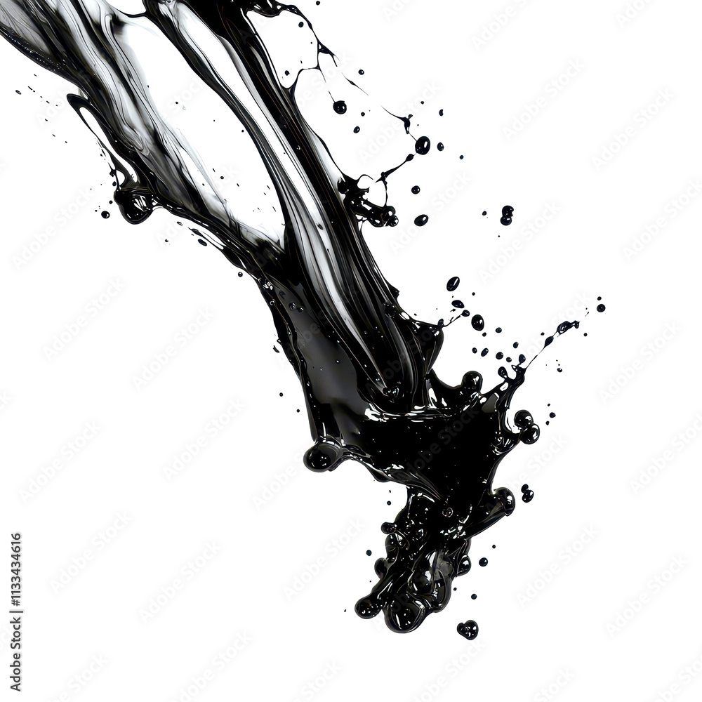 Poster Dynamic black ink splash on a transparent background capturing fluidity and contrasting textures in creative art, Abstract Black Ink Splash On transparent background