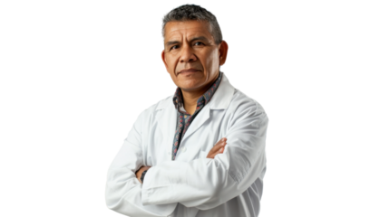 Mexican middle age male handsome doctor arms crossed on white background
