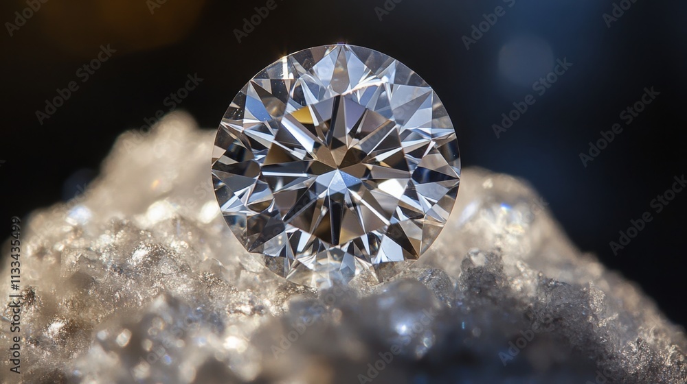 Poster A bright gemstone shines vibrantly as it rests atop clear quartz crystals, reflecting light in a mesmerizing display. The setup highlights the intricate facets and brilliance of the jewel.