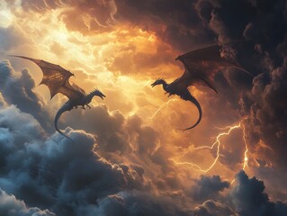 Fototapeta premium Two dragons flying through the clouds in perfect harmony
