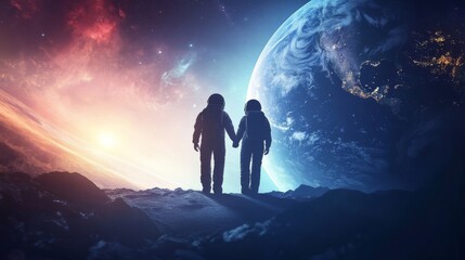 Fototapeta premium Astronauts holding hands under vibrant cosmic horizon