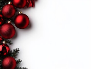 A border of red christmas ornaments on a white background