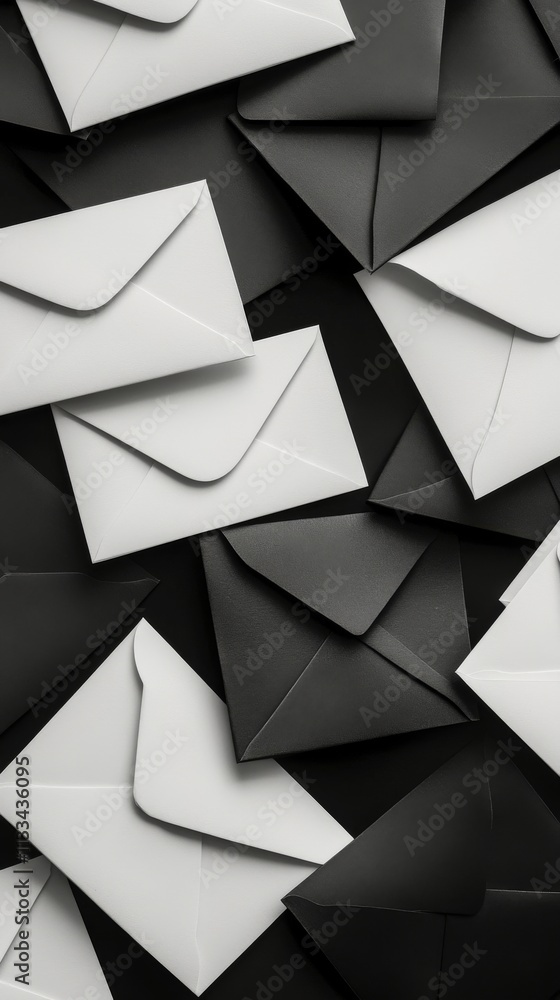 Poster various black and white envelopes arranged in a chaotic pattern on a flat surface