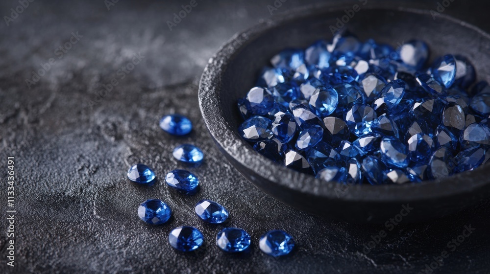 Aufkleber a collection of shimmering blue gemstones is displayed in a textured bowl on a dark surface.
