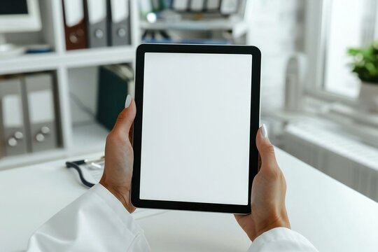 Close-up of female doctor's hand holding digital tablet with blank white screen on white desk.