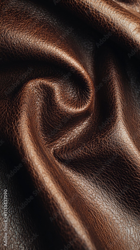 Poster warm light dances across the intricately folded brown leather, showcasing its unique texture and dep