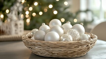 Obraz premium Wire basket full of toys for Christmas or Christmas tree, gold vintage ornaments holiday garland decorations