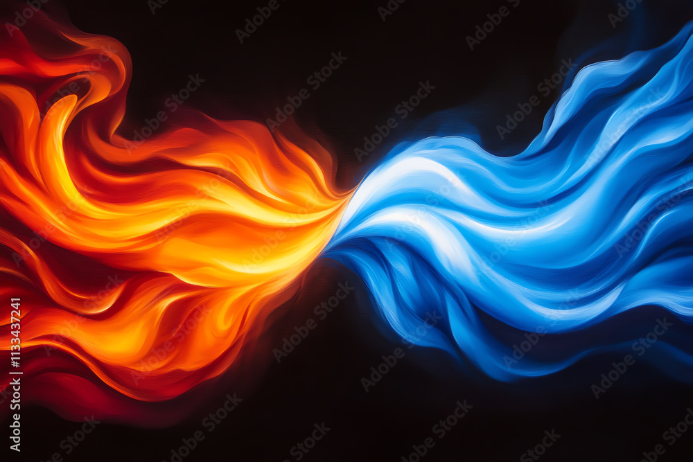 Poster dynamic abstract composition of flame and water blending in striking colors.