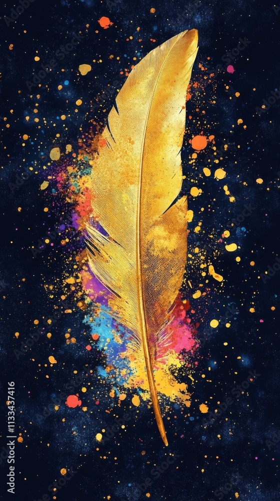 Poster golden feather with splatter effect on dark background