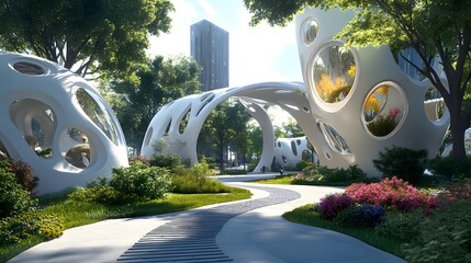 Urban park with futuristic sculptures and interactive houses