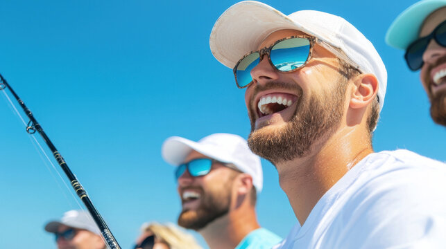 Four friends joyfully fishing under a clear blue sky, wearing sunglasses and hats, capturing a moment of camaraderie and fun.